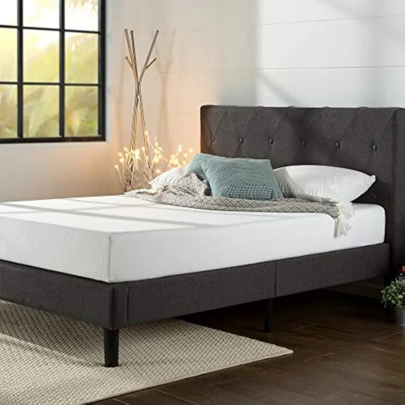 Upholstered Platform Frame Wood Bed, Dark Grey