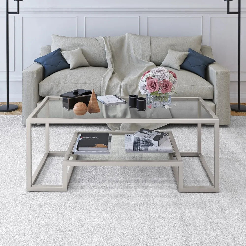 Contemporary Coffee Table with Glass Top and Shelf