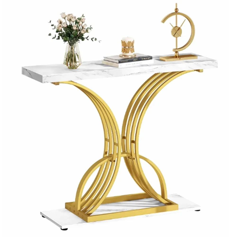 40in Gold Narrow Console Table with Faux Marble Top