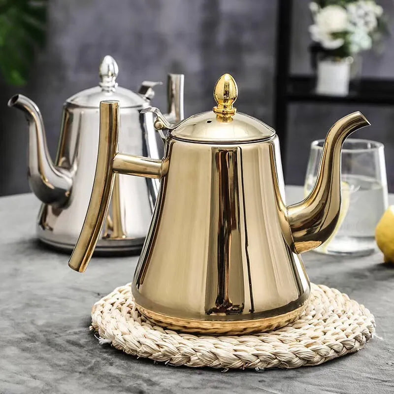 1pc Kitchen Thick Stainless Steel Teapot Golden Silver Tea Pot With Infuser