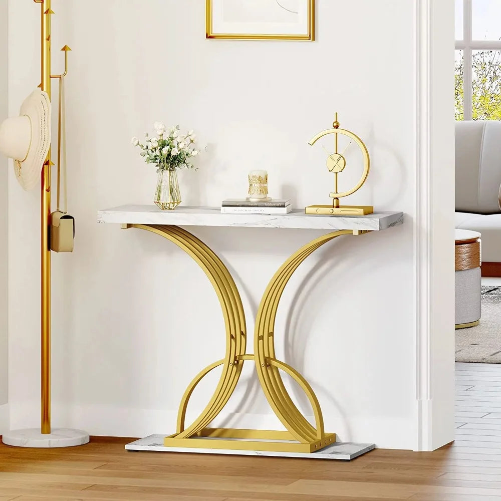 40in Gold Narrow Console Table with Faux Marble Top