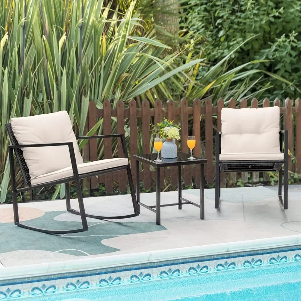Greesum 3 Pieces Rocking Wicker Bistro Set, Patio Outdoor Furniture Conversation Sets with Porch Chairs and Glass Coffee Table