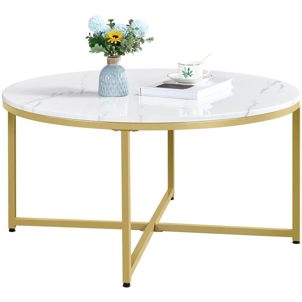 Modern Round Faux Marble Coffee Table, Gold