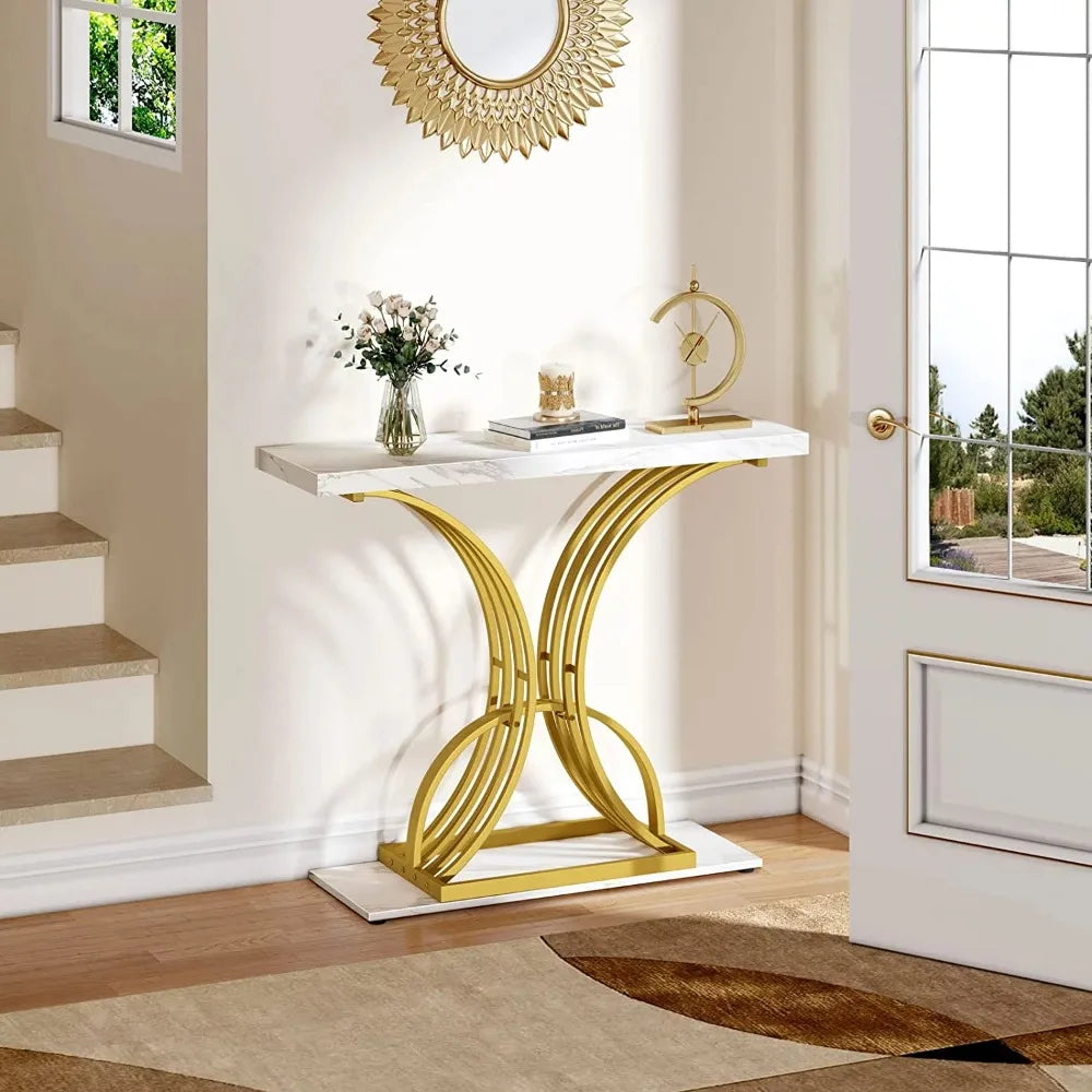 40in Gold Narrow Console Table with Faux Marble Top