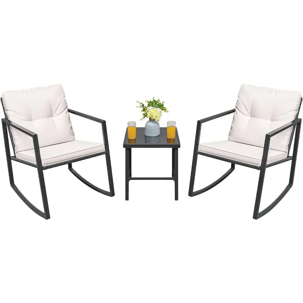 Greesum 3 Pieces Rocking Wicker Bistro Set, Patio Outdoor Furniture Conversation Sets with Porch Chairs and Glass Coffee Table