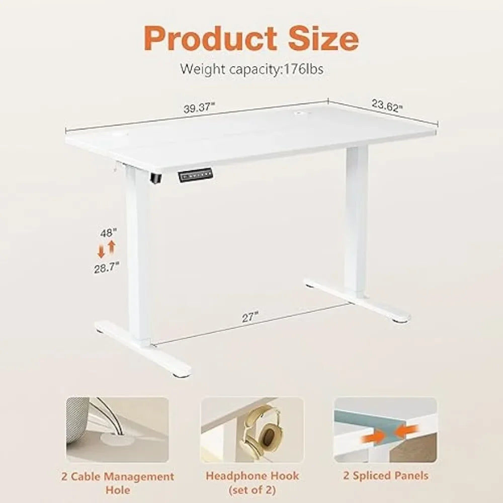 Electric Standing Desk - 40 x 24 inch Adjustable Height Sit to Stand Up Desk with Splice Board, Rising Home Office Computer White