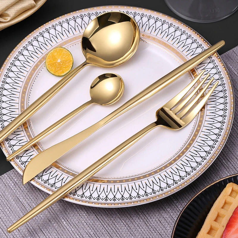 Luxury Portugal Tableware Stainless Steel Cutlery Steak Knife Dessert Fruit Fork Dining Spoon Western Gold Set Kitchen Utensils