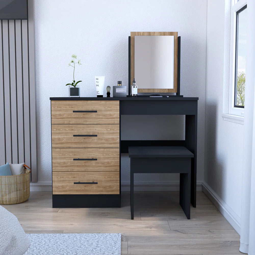 Makeup Dressing Table Roxx, Four Drawers, One Mirror, Stool, Black Wengue / Pine Finish