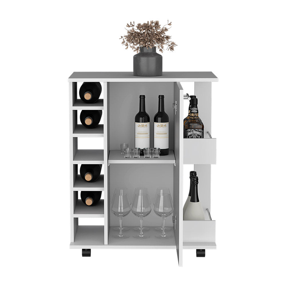 Bar Cart with Six-Wine Cubbies Cabot, Two-Side Storage Shelves and Casters, White Finish
