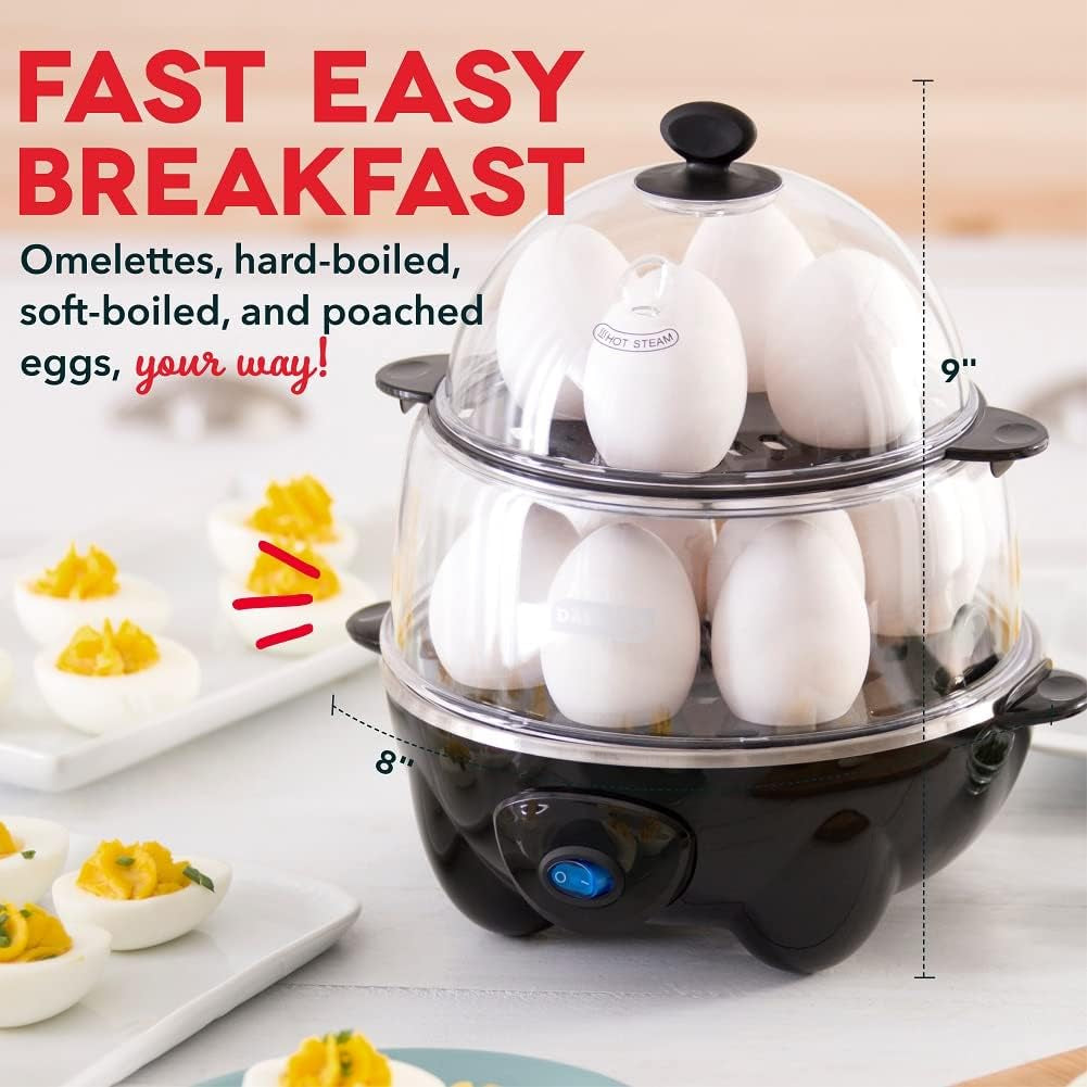Deluxe Rapid Egg Cooker for Hard Boiled, Poached, Scrambled Eggs, Omelets, Steamed Vegetables, Dumplings & More, 12 Capacity, with Auto Shut off Feature - Black