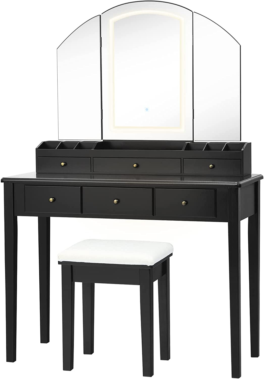 Large Vanity Set with Tri-Folding Lighted Mirror, 3 Color Lighting Modes, 6 Drawers, 12 Storage Compartments, Bedroom Makeup Dressing Table with Cushioned Stool for Women Girls, Black