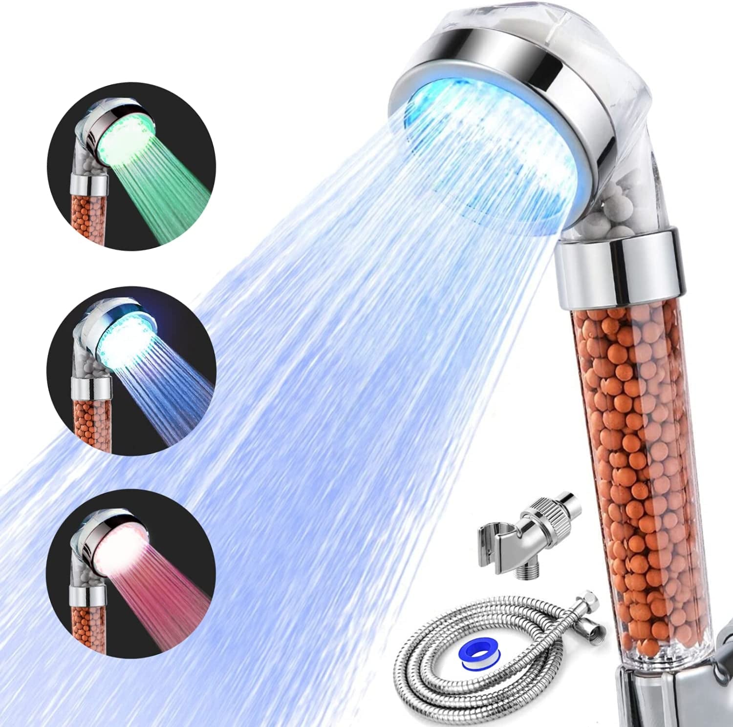 LED Shower Heads with 3 Color Changing - Filtered Shower Head with Temperature Controlled, High Pressure Shower Heads with Hose and Bracket