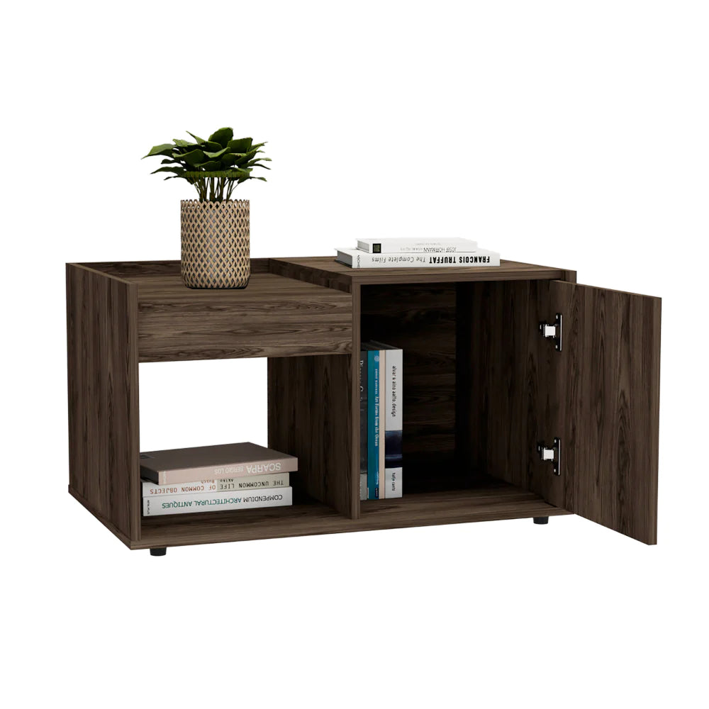 Coffee Table Dext, Single Door Cabinet, One Open Shelf, Dark Walnut Finish