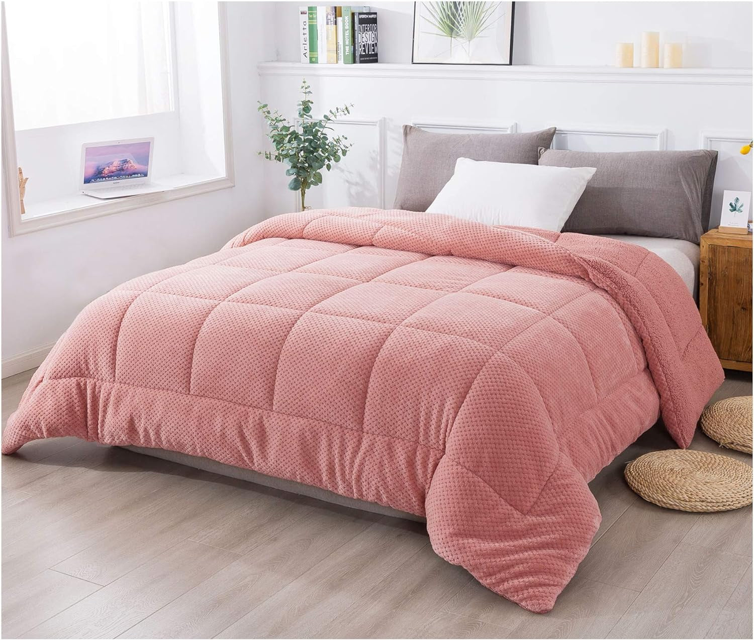 Luxury Plush Sherpa Comforter, Ultra Soft Cozy Reversible Fleece - Goose down Alternative Fill, Machine Washable Bedding, Sunset Rose, King Size