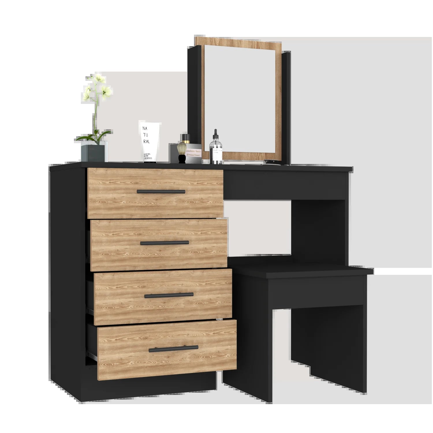 Makeup Dressing Table Roxx, Four Drawers, One Mirror, Stool, Black Wengue / Pine Finish