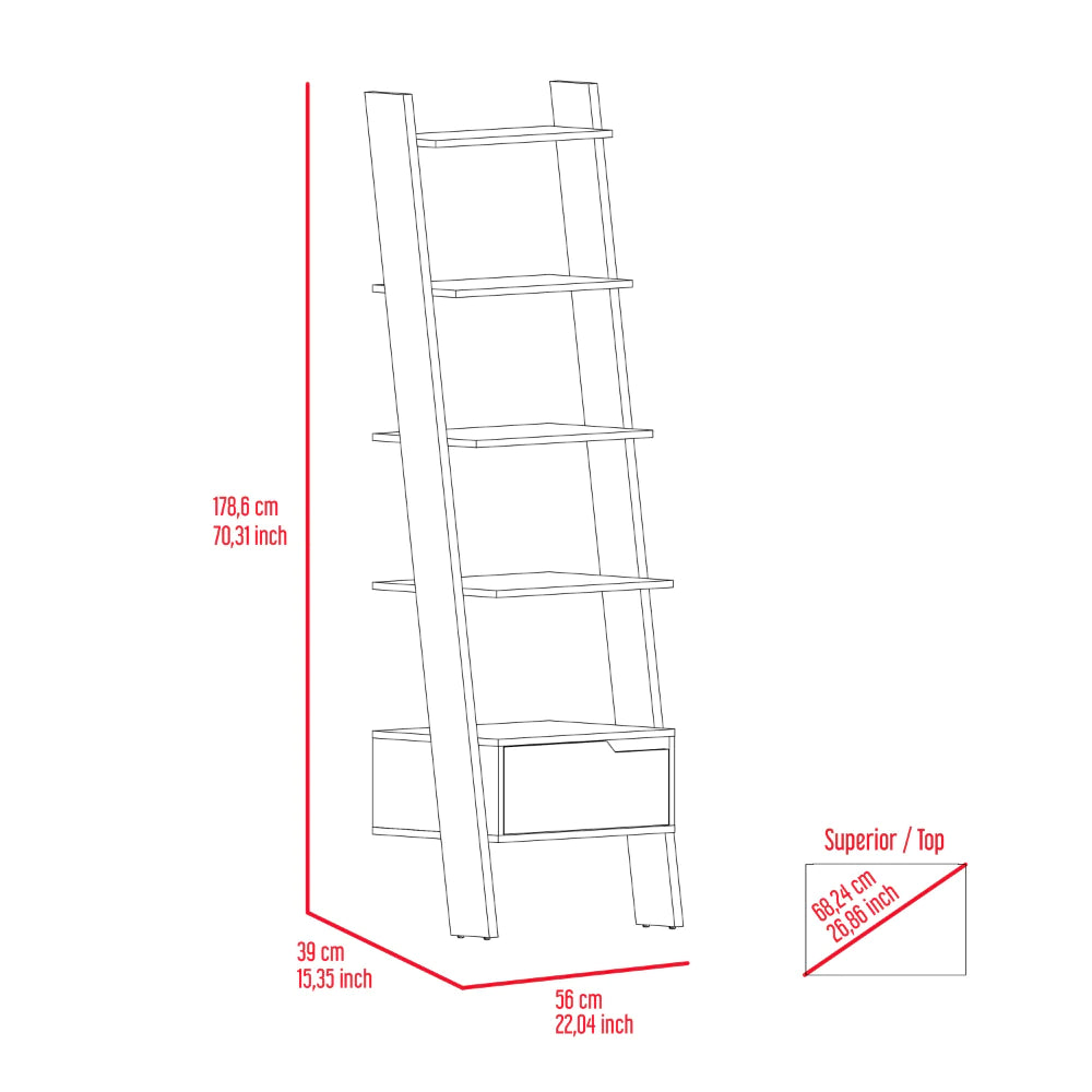 Ladder Bookcase Bull, One Drawer, Five Open Shelves, Dark Walnut Finish