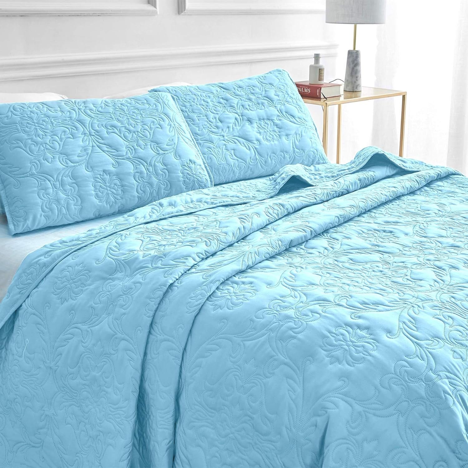 Sophia and William 2 Pieces Quilt Set Twin Size with 1 Quilt and 1 Pillow Sham, Reversible Microfiber Bedding Bedspread Coverlet Set, Cozy, Lightweight and Hypoallergenic, Light Blue