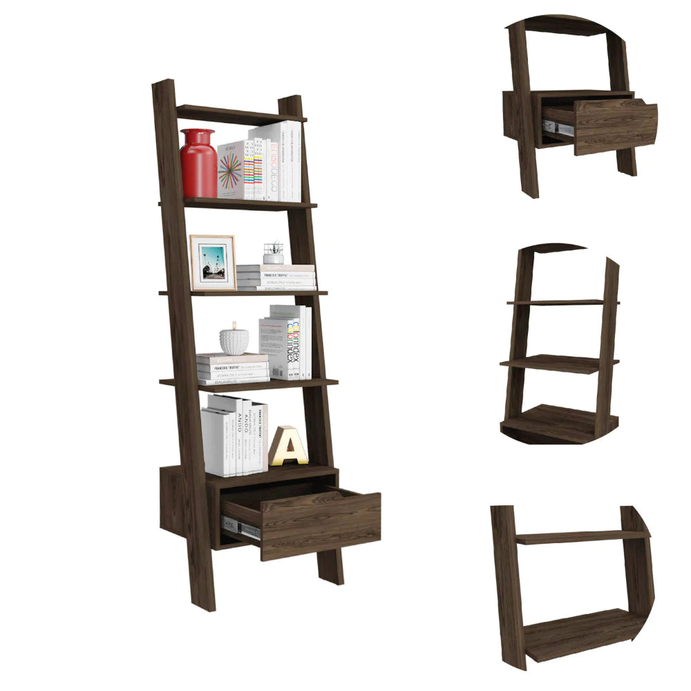 Ladder Bookcase Bull, One Drawer, Five Open Shelves, Dark Walnut Finish